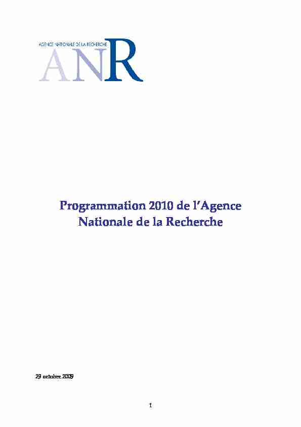 Programmation 2010 de lAgence Nationale de la Recherche