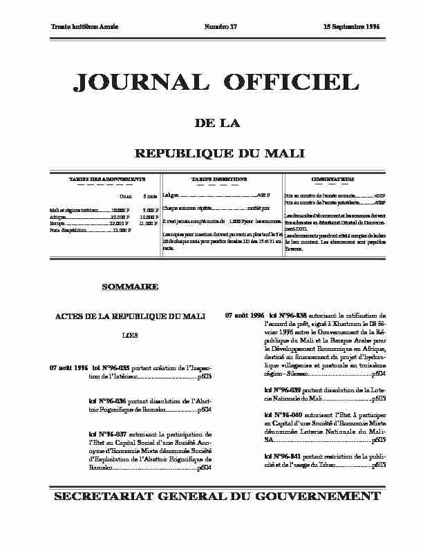 Journal officiel du Mali de lannee 1996