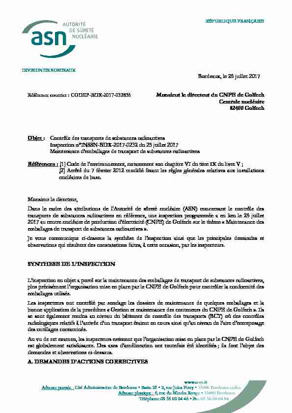 Bordeaux le 25 juillet 2017 Monsieur le directeur du CNPE de