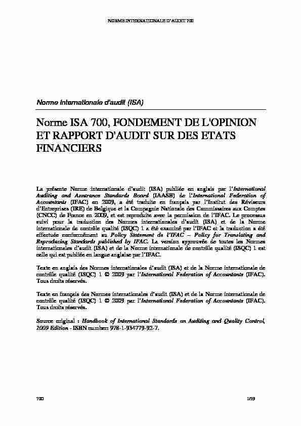 Norme ISA 700 FONDEMENT DE LOPINION ET RAPPORT D