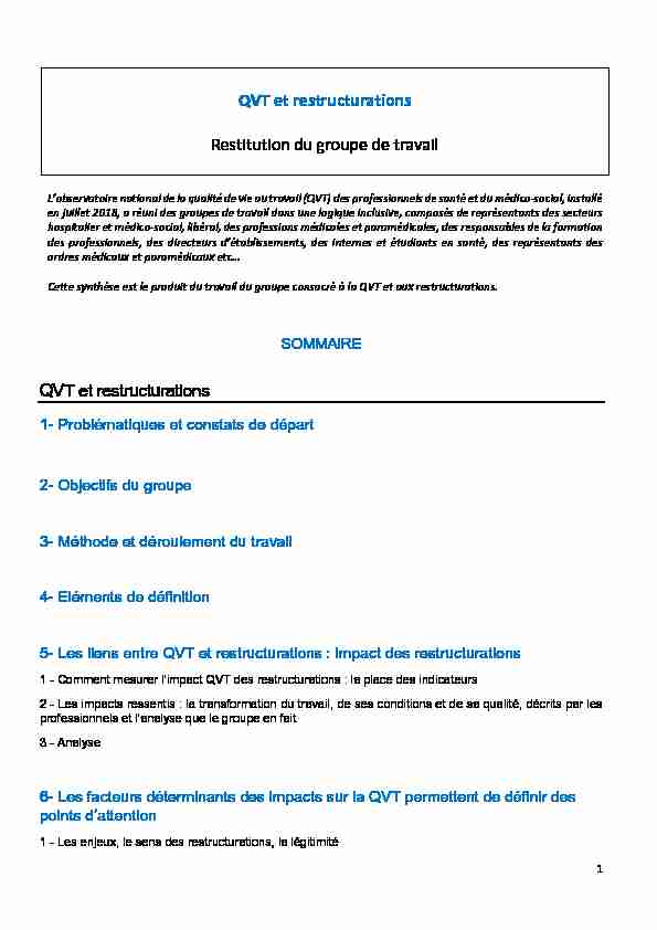 [PDF] QVT et restructurations Restitution du groupe de travail QVT et