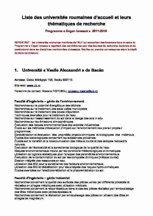 Liste des universités roumaines daccueil et leurs thématiques de