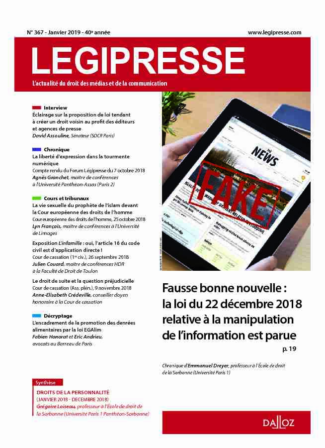[PDF] Fausse bonne nouvelle : la loi du 22 décembre 2018  - Légipresse