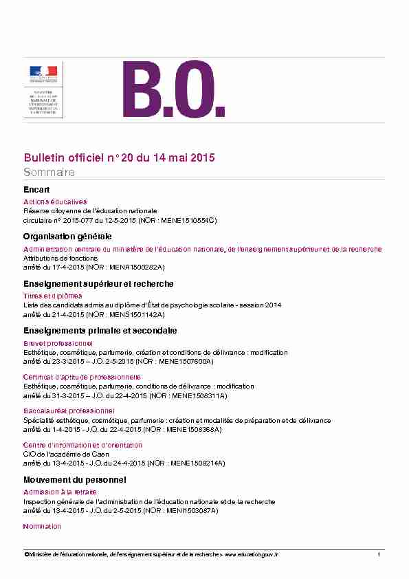 Bulletin officiel n°20 du 14 mai 2015 Sommaire