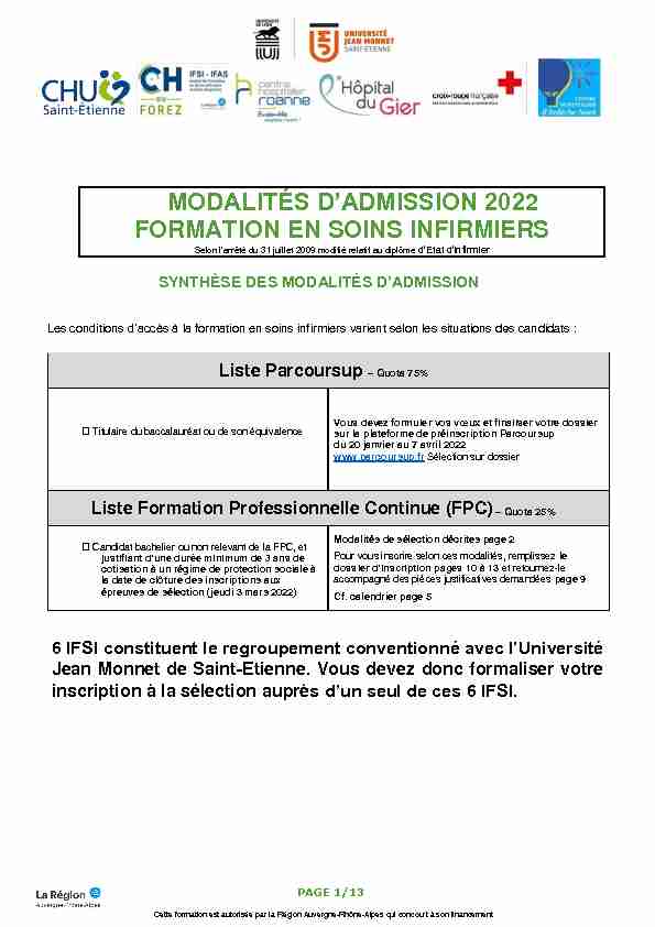 MODALITÉS D’ADMISSION 2022 FORMATION EN SOINS INFIRMIERS