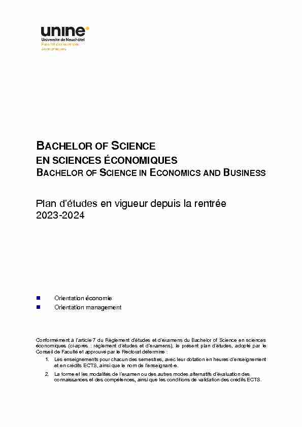 BACHELOR OF SCIENCE EN SCIENCES ÉCONOMIQUES BACHELOR OF