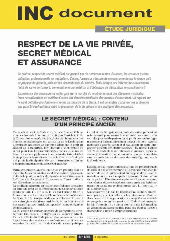respect de la vie privée secret médical et assurance