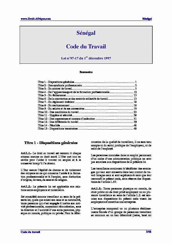 Senegal - Loi n°1997-17 du 1er decembre 1997 portant Code du