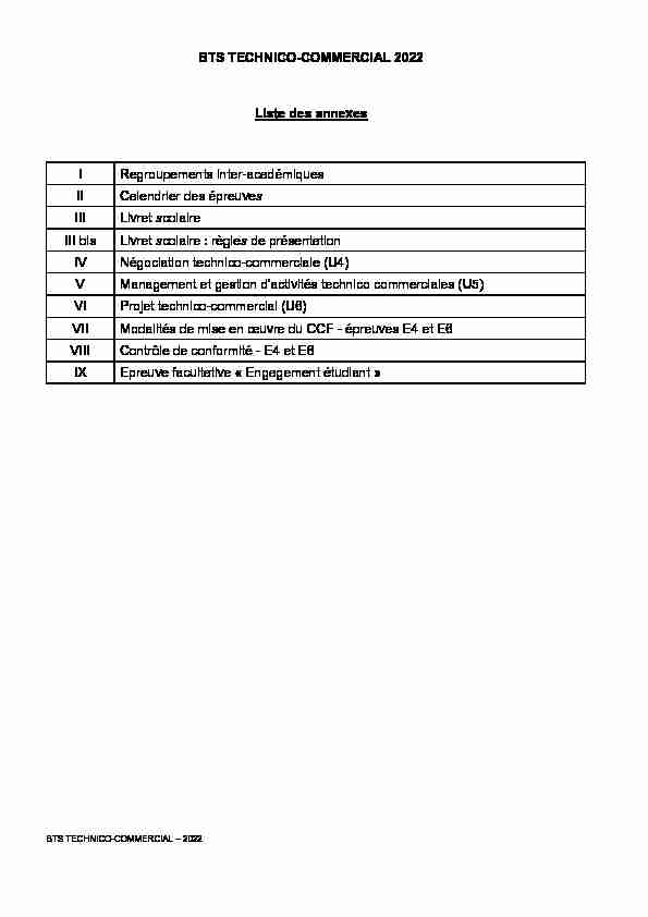 BTS TECHNICO-COMMERCIAL 2022 Liste des annexes I