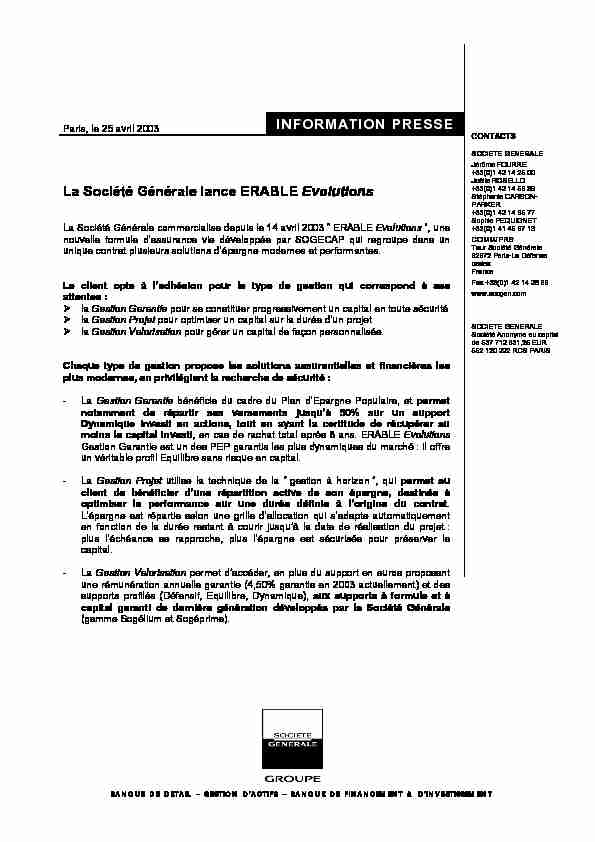 pdf La Société Générale lance ERABLE Evolutions