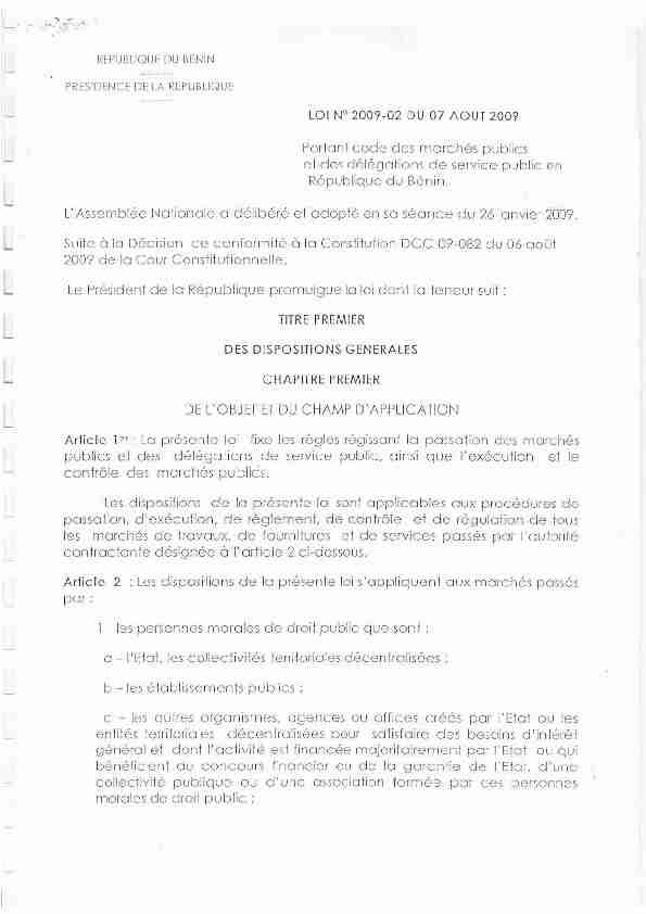Benin - Loi n°2009-02 du 7 août 2009 portant Code des marches