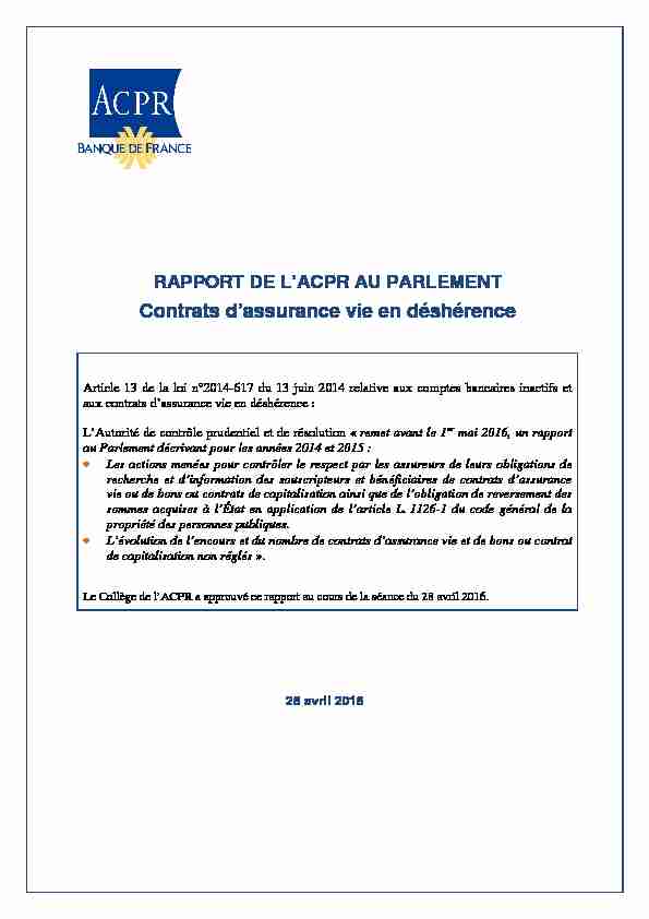 RAPPORT DE LACPR AU PARLEMENT - Contrats dassurance vie