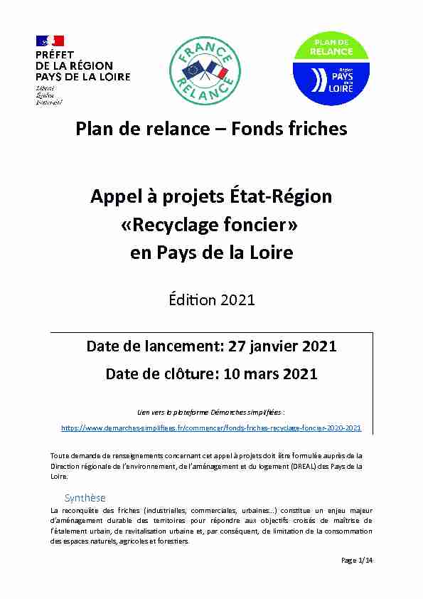 Plan de relance – Fonds friches Appel à projets État-Région
