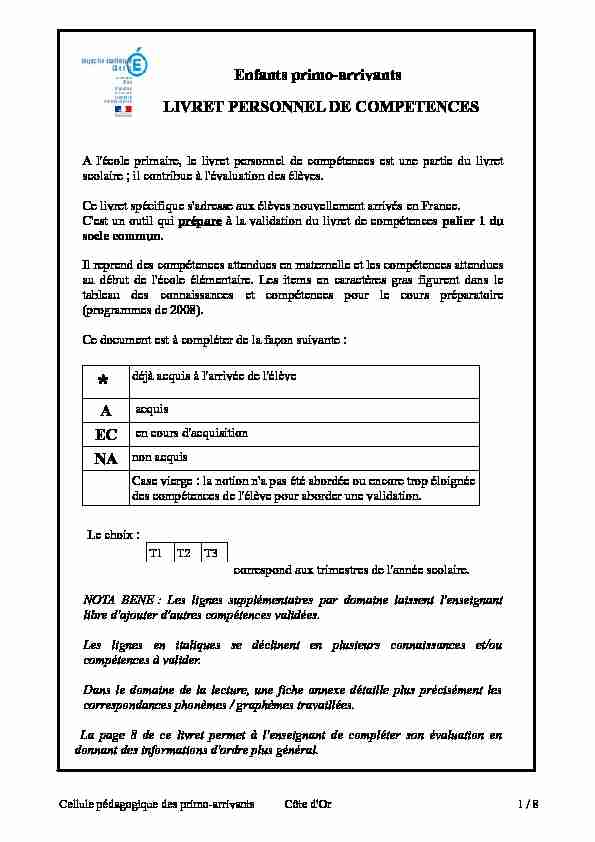 [PDF] Enfants primo-arrivants LIVRET PERSONNEL DE COMPETENCES A
