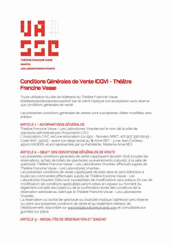 Conditions Générales de Vente (CGV) - Théâtre Francine Vasse