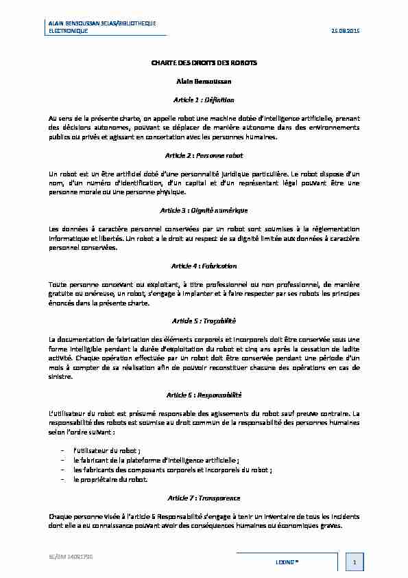 CHARTE DES DROITS DES ROBOTS Alain Bensoussan Article 1