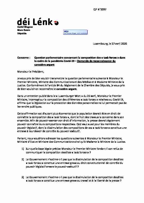 Luxembourg le 27 avril 2020 Concerne : Question parlementaire