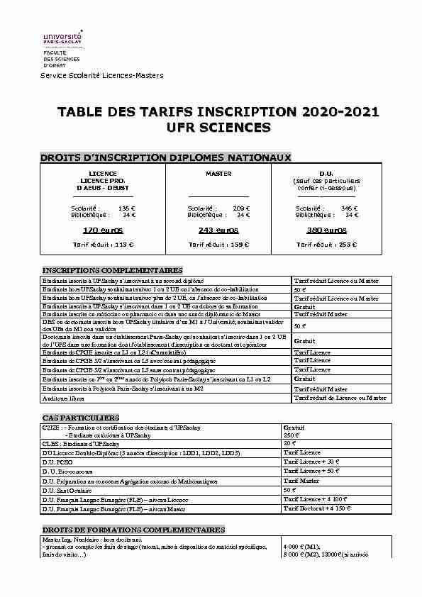 TABLE DES TARIFS INSCRIPTION 2020-2021 UFR SCIENCES