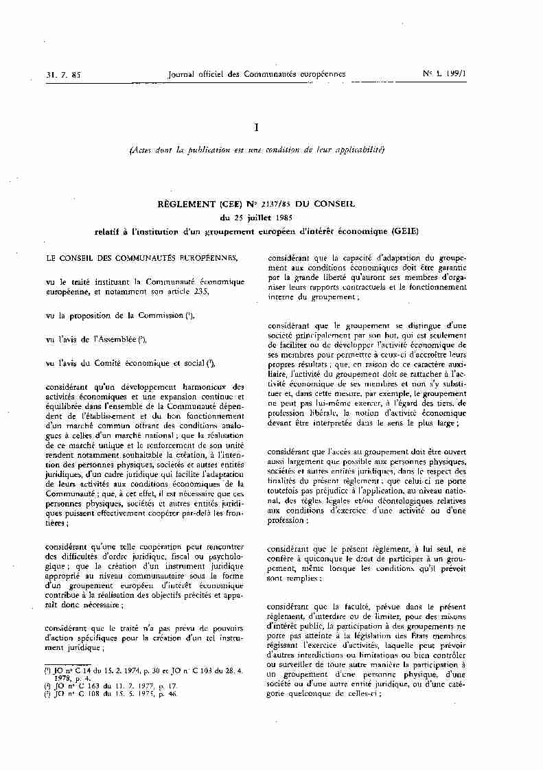 RÈGLEMENT (CEE) N° 2137/85 DU CONSEIL relatif à linstitution d