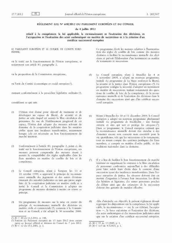 Règlement (UE) no 650/2012 du Parlement européen et du Conseil