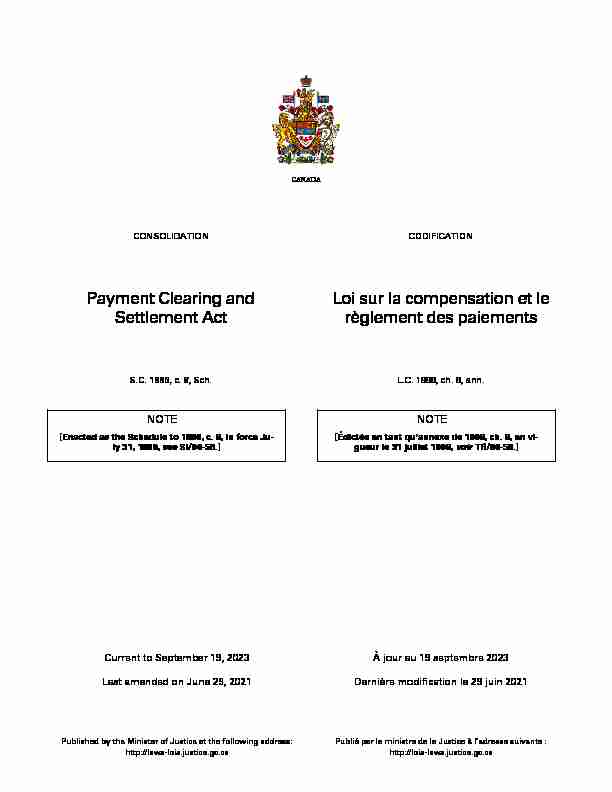 Payment Clearing and Settlement Act Loi sur la compensation et le