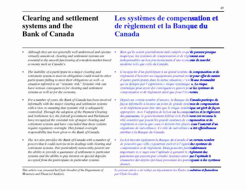 Clearing and settlement systems and the Bank of Canada