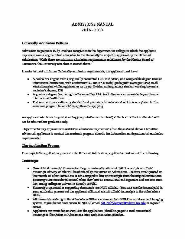 [PDF] ADMISSIONS MANUAL 2016 - 2017 - FSU Admissions - Florida