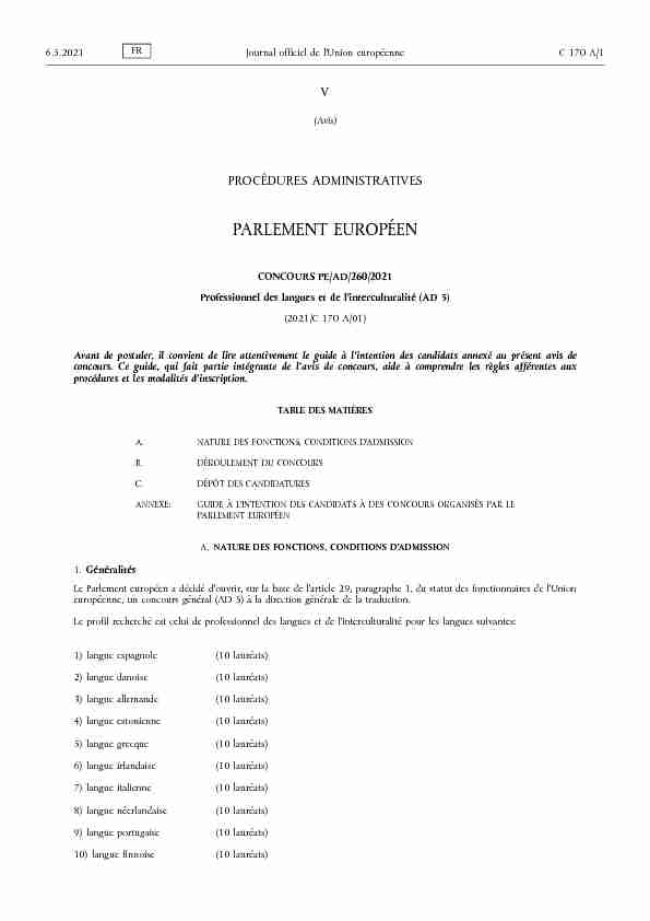 Concours PE/AD/260/2021 — Professionnel des langues et de l
