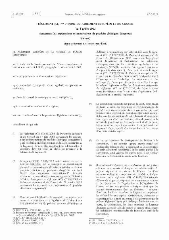 Règlement (UE) no 649/2012 du Parlement européen et du Conseil