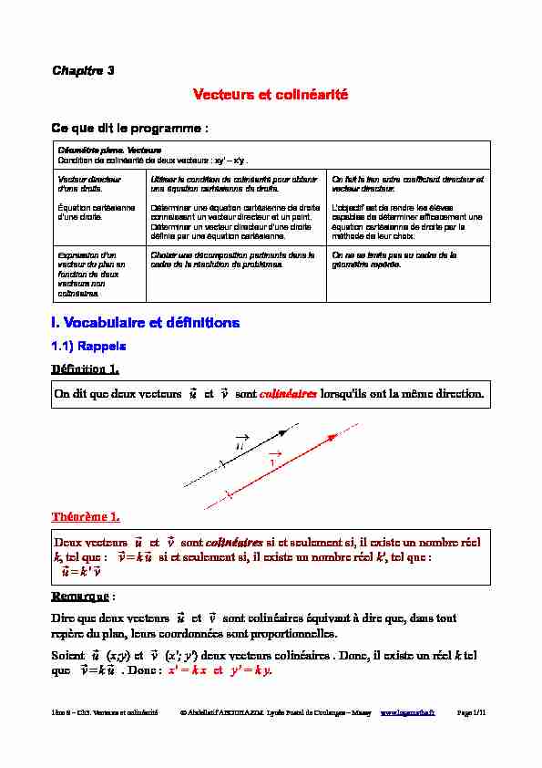 Vecteurs et colinéarité I. Vocabulaire et définitions