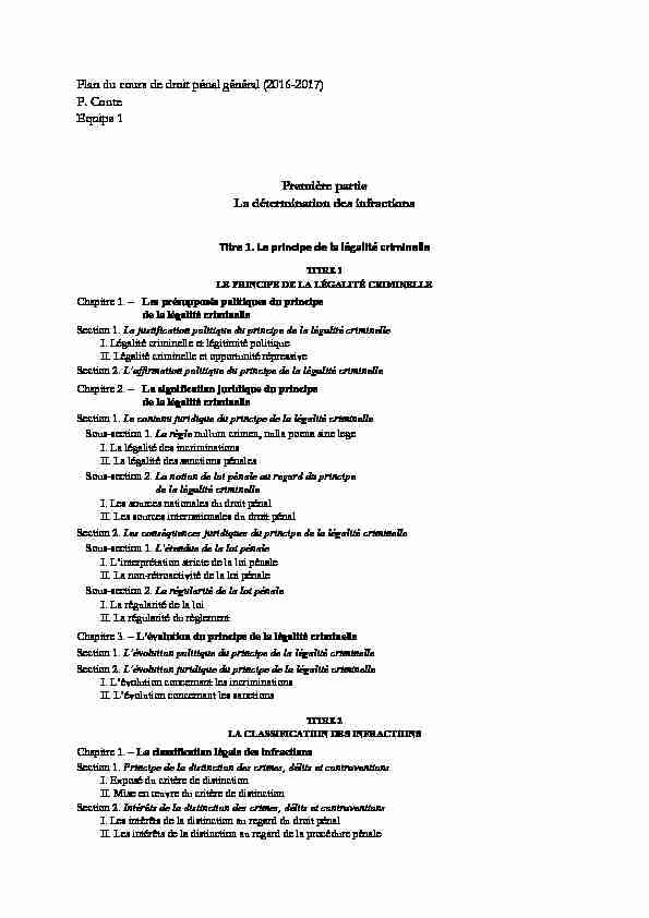 Plan du cours de droit pénal général (2016-2017) P. Conte Equipe 1