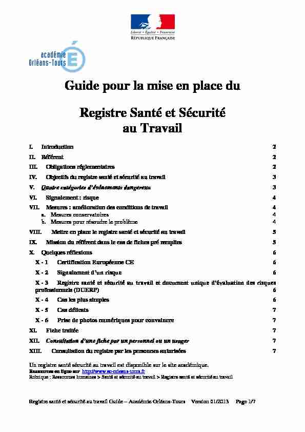 [PDF] Guide pour la mise en place du Registre Santé et Sécurité  - SSTFP