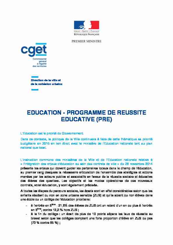 EDUCATION - PROGRAMME DE REUSSITE EDUCATIVE (PRE)