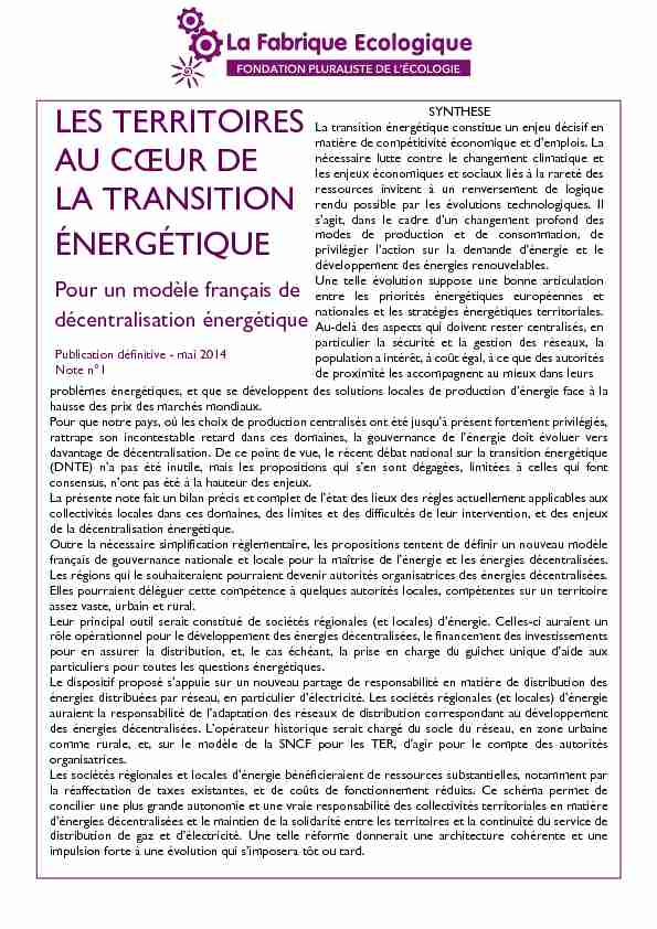 [PDF] LES TERRITOIRES AU CŒUR DE LA TRANSITION ÉNERGÉTIQUE