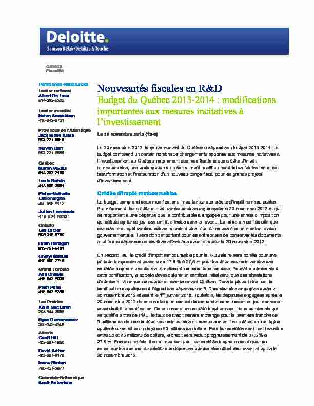 Nouveautés fiscales en R&D Budget du Québec 2013-2014