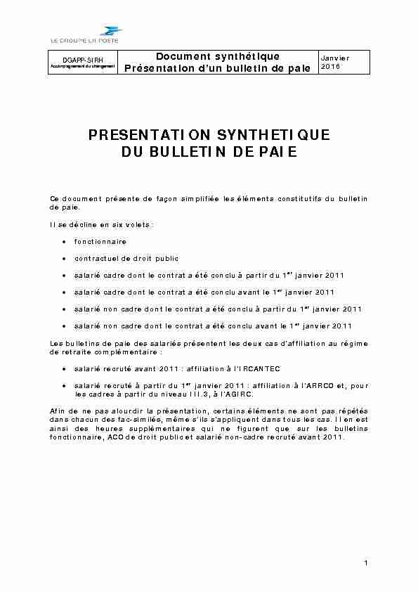 PRESENTATION SYNTHETIQUE DU BULLETIN DE PAIE