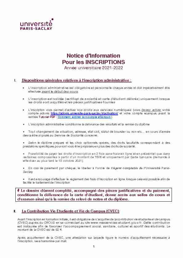 Notice dInformation Pour les INSCRIPTIONS - Année universitaire