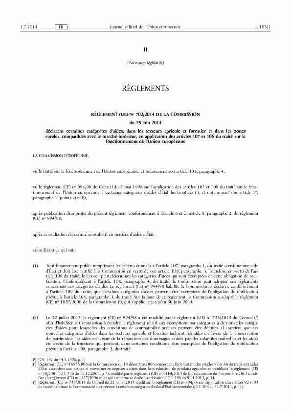 RÈGLEMENT (UE) No 702/2014 DE LA COMMISSION - du 25 juin
