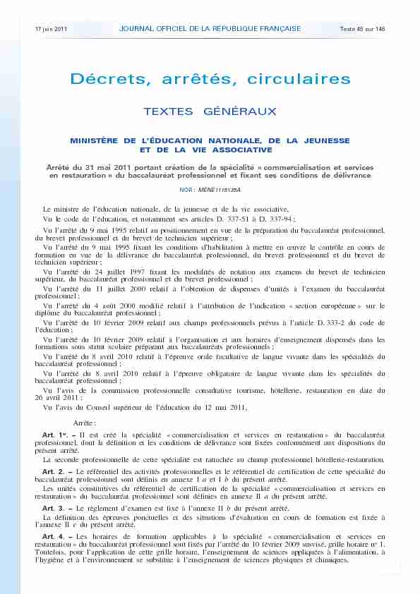 Journal officiel de la République française - N° 139 du 17 juin 2011