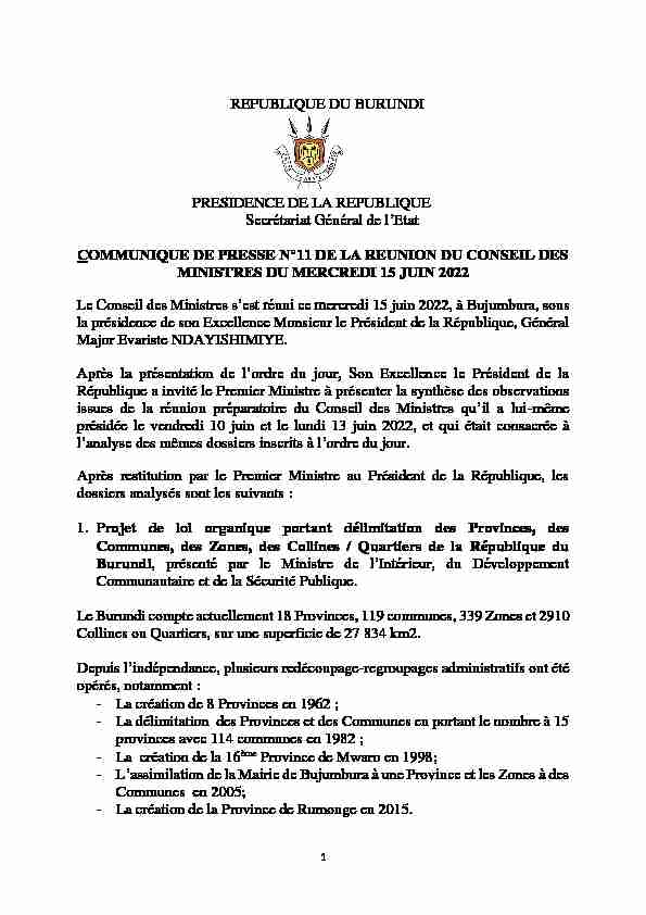 REPUBLIQUE DU BURUNDI PRESIDENCE DE LA REPUBLIQUE