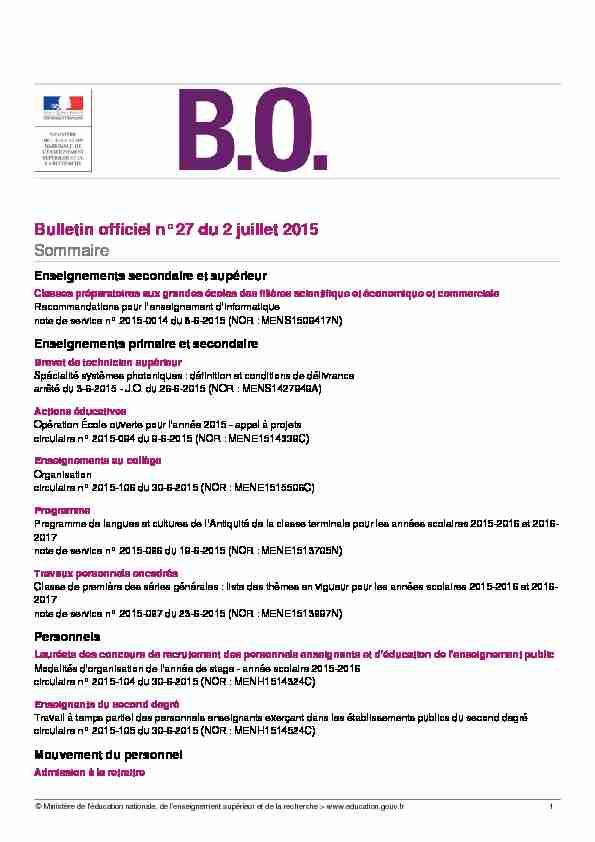 Bulletin officiel n°27 du 2 juillet 2015 Sommaire