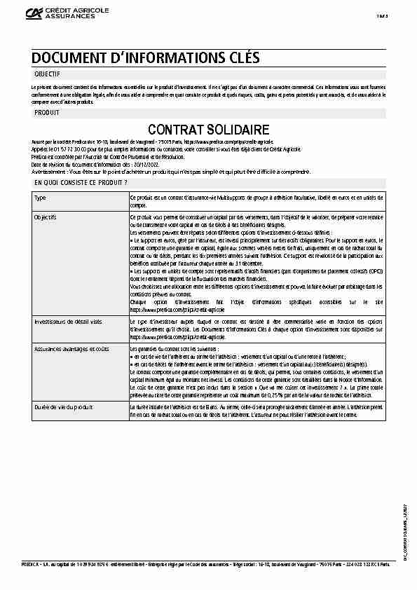 [PDF] Document dinformations clés CONTRAT SOLIDAIRE - Predica