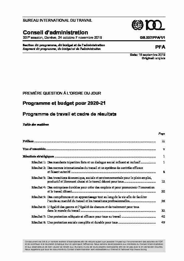 Programme et budget pour 2020-21