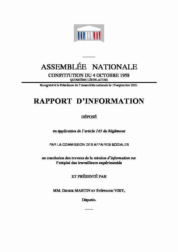 ASSEMBLÉE NATIONALE RAPPORT DINFORMATION