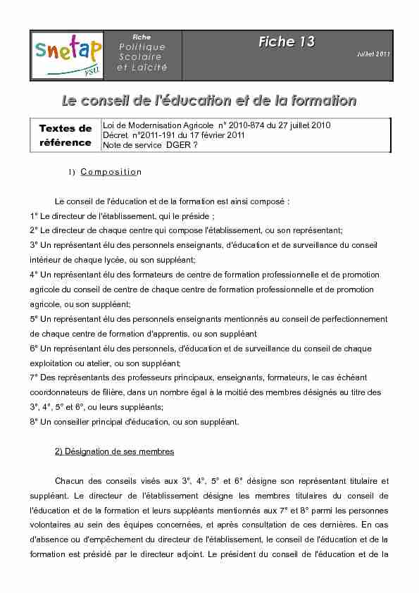 [PDF] Fiche 13 Le conseil de léducation et de la formation - Snetap-FSU
