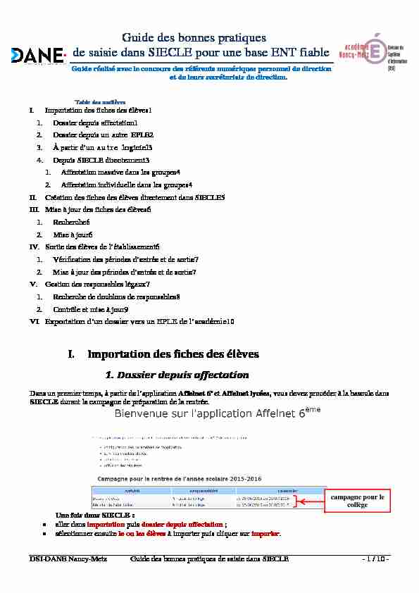 [PDF] Guide des bonnes pratiques de saisie dans SIECLE - DANE de