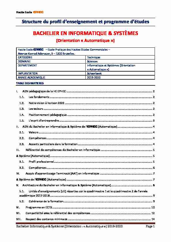 [PDF] BACHELIER EN INFORMATIQUE & SYSTÈMES - EPHEC