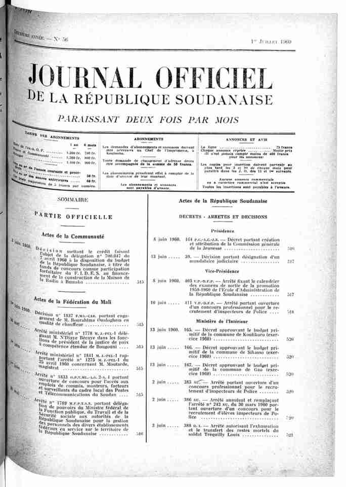 Journal officiel du Mali de lannee 1960