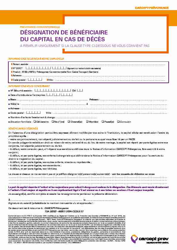 DÉSIGNATION DE BÉNÉFICIAIRE DU CAPITAL EN CAS DE DÉCÈS