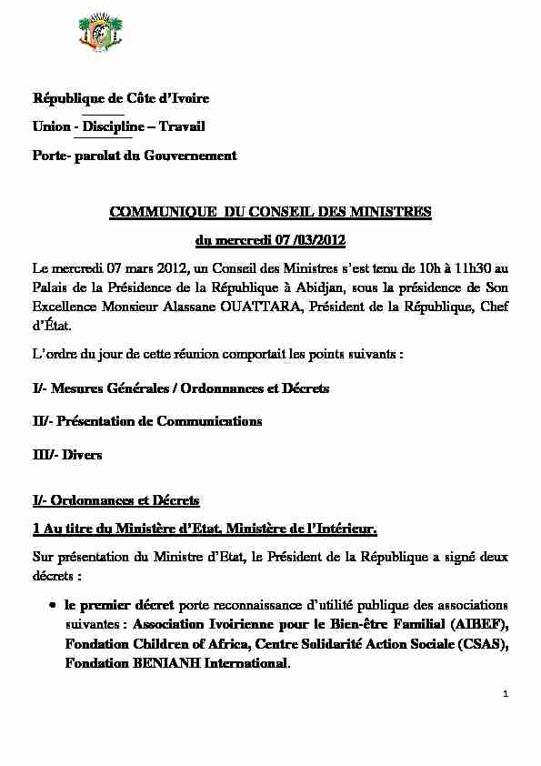 République de Côte dIvoire Union - Discipline – Travail Porte